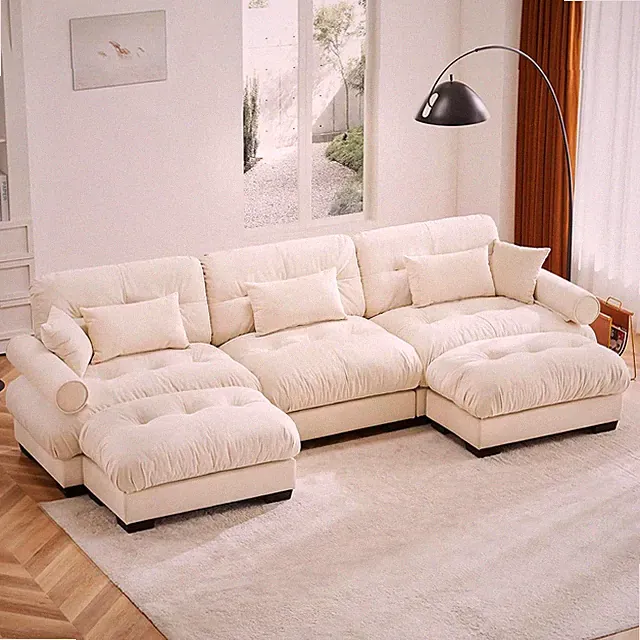 Luxurious 130" U-Shaped Velvet Sectional Sofa with Ottoman - Beige White