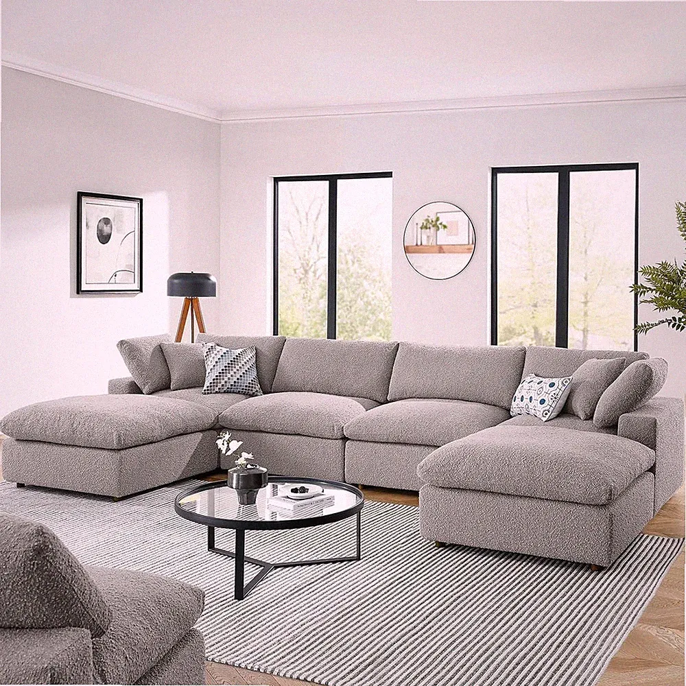 Luxurious 6-Piece Down-Filled Overstuffed Boucle Fabric Sectional Sofa
