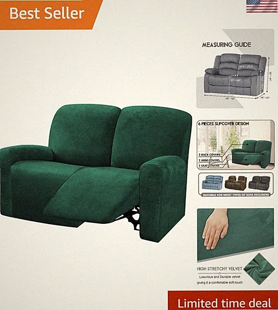 Luxurious 6-Piece Velvet Reclining Loveseat Slipcover - Retro Green, 48"-65"