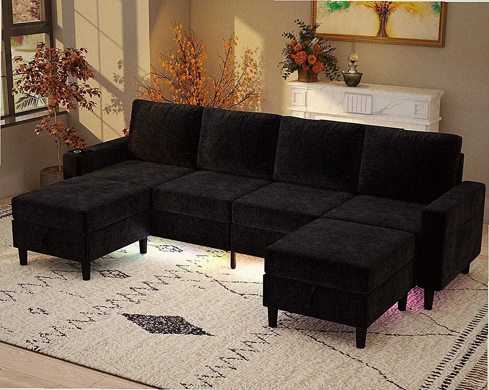 Luxurious 6-Seat U-Shaped Chenille Sofa with Wireless Charging & Storage Ottoman