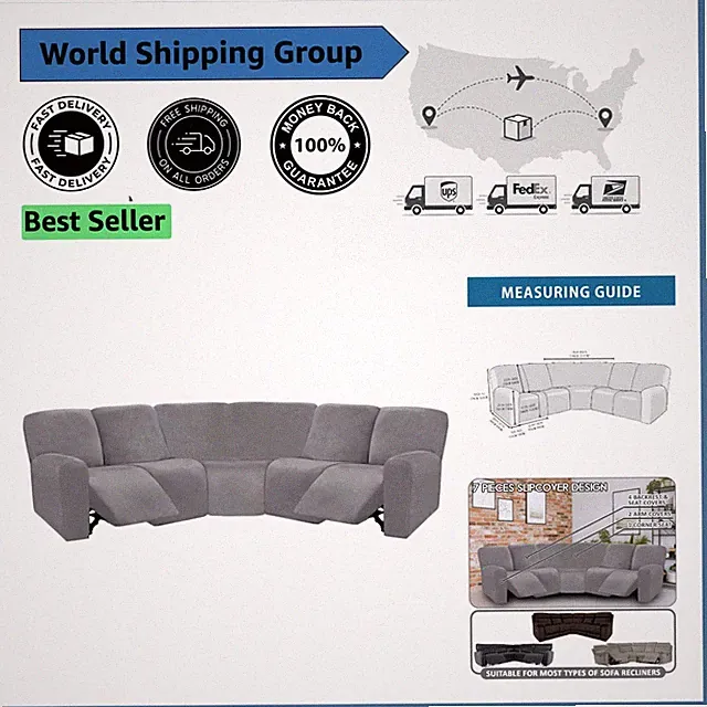 Luxurious 7-Piece L Shape Recliner Covers, Soft Velvet, Machine Washable Gray