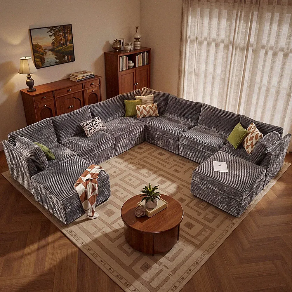 Luxurious 9-Piece Grey Velvet Corduroy Modular Sofa Set with Ottoman