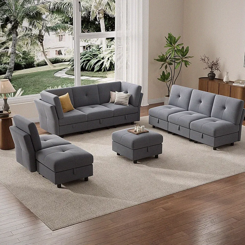 Luxurious 9-Seat Modular Velvet Sectional Sofa with Storage & Ottomans, Blue