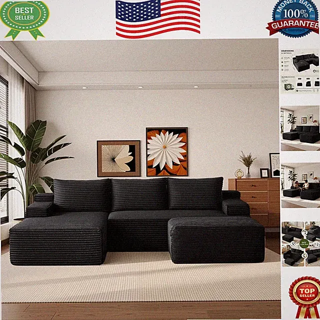 Luxurious Black Corduroy U-Shape Sectional Sofa with Left Chaise & Ottoman