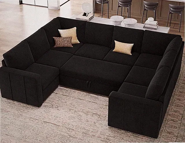 Luxurious Black Velvet Oversized U-Shaped Sleeper Sofa with Pull-Out Bed
