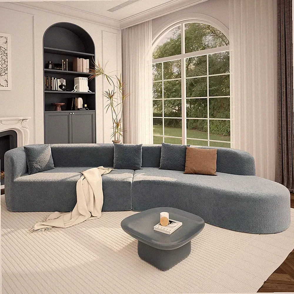 Luxurious Blue Curved Chenille 2-Piece Sectional Sofa with Pillows