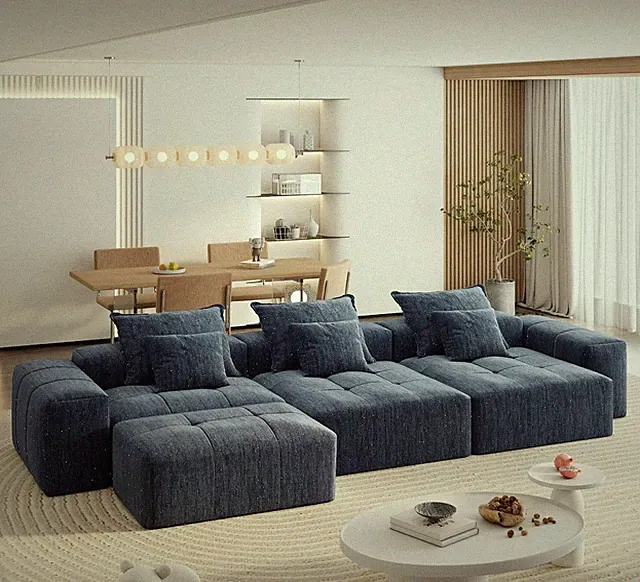 Luxurious Blue Oversized Modular Sectional Sofa with Ottoman & 6 Pillows