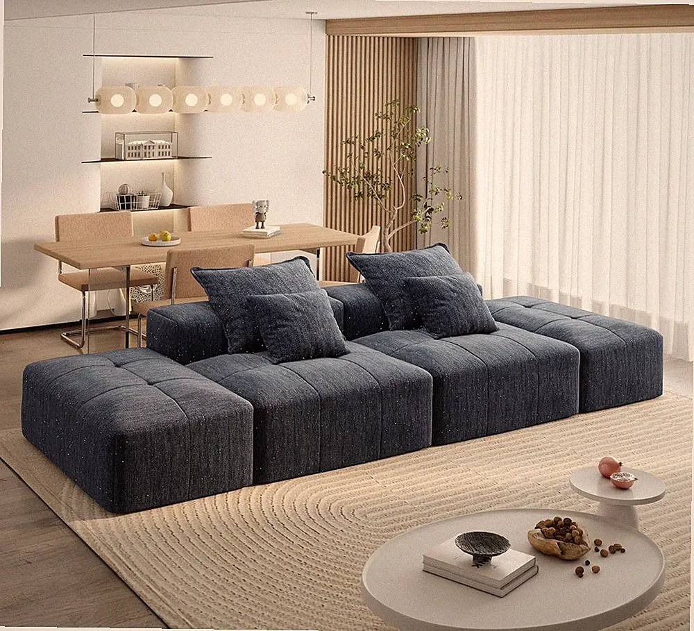 Luxurious Blue Oversized Sectional Sofa with Ottomans & Pillows, No Assembly
