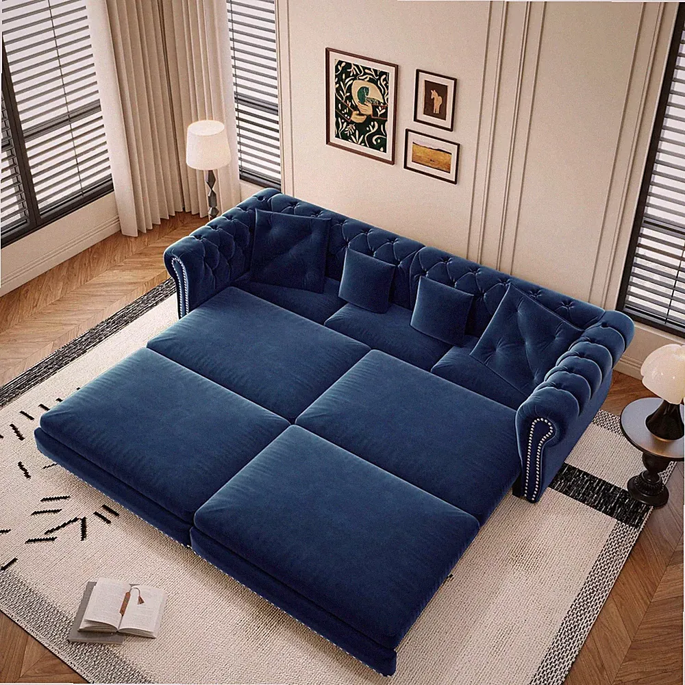 Luxurious Blue Velvet L-Shaped King Sofa Bed with Pillows