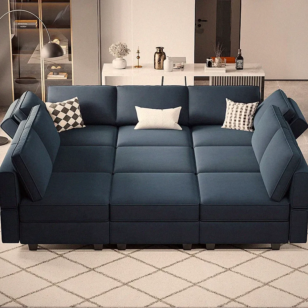 Luxurious Blue Velvet Modular Sofa Bed with Storage & Ottomans