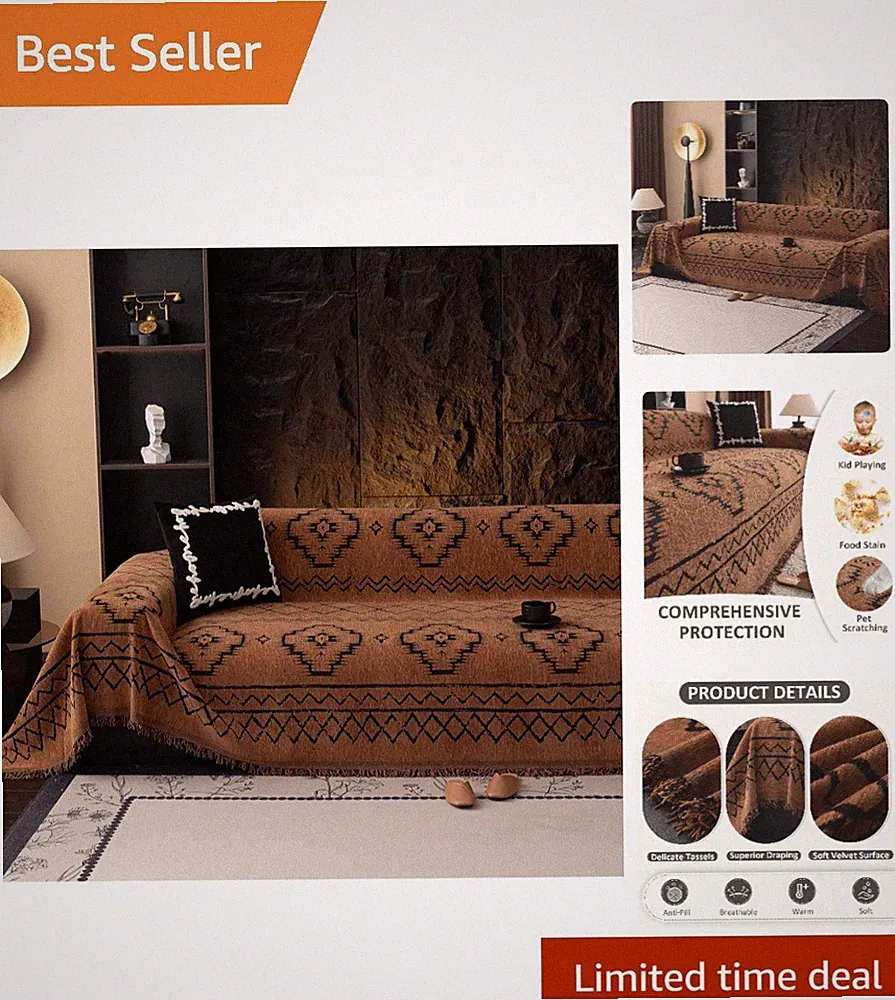 Luxurious Bohemian Chenille Sofa Cover 71"x118" - Non-Slip Pumpkin Design