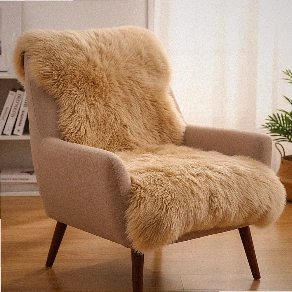 Luxurious Camel Faux Fur Seat Cushion & Area Rugs 2 PCs - 1.6ft Square