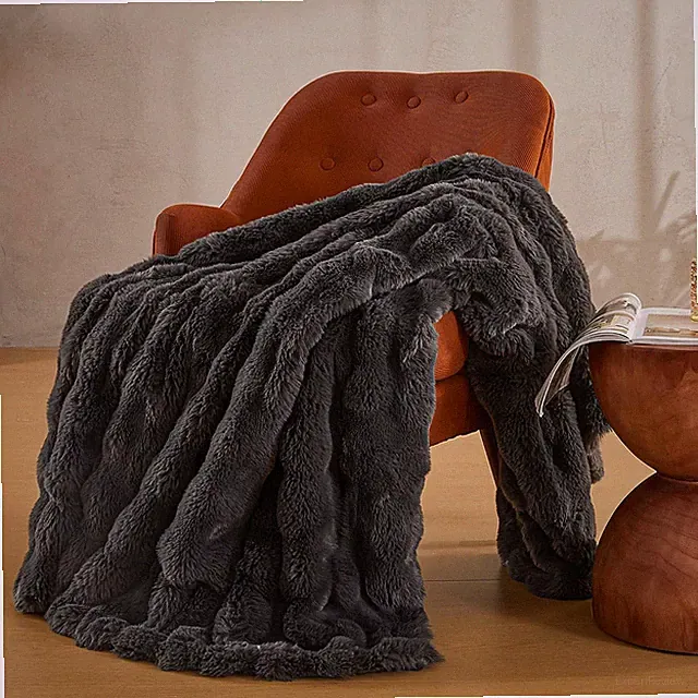 Luxurious Dark Grey Faux Fur Throw Blanket for Couch & Bed, 90"x90