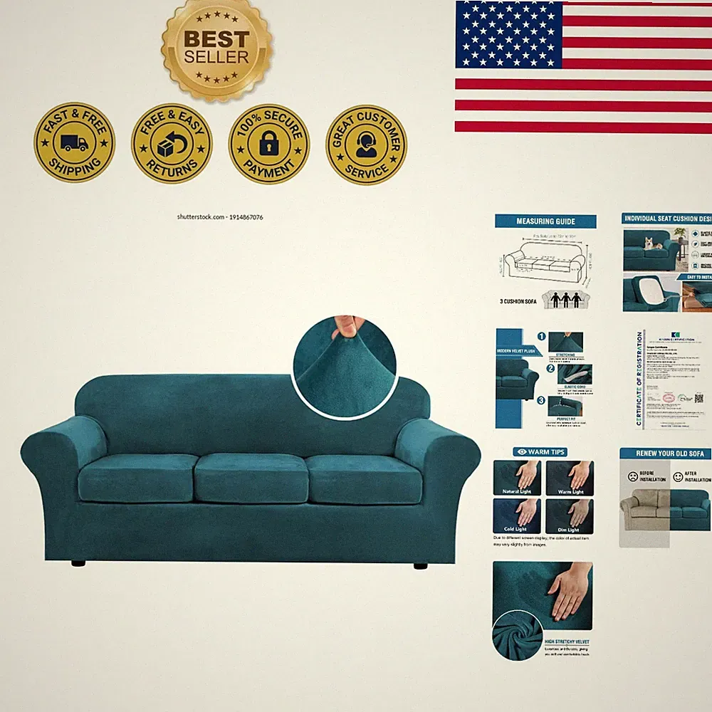 Luxurious Deep Teal Velvet 4-Piece High Stretch Sofa Slipcover for 3 Cushions