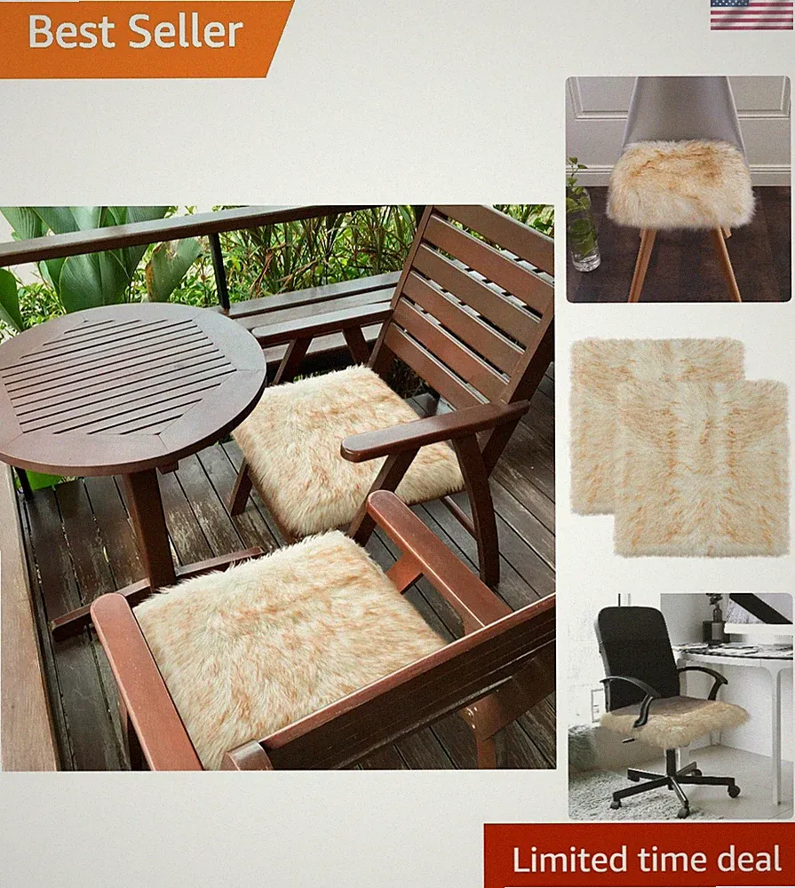 Luxurious Faux Fur Sheepskin Rug Set, 1.6ft x 1.6ft, Cozy White with Brown Tips