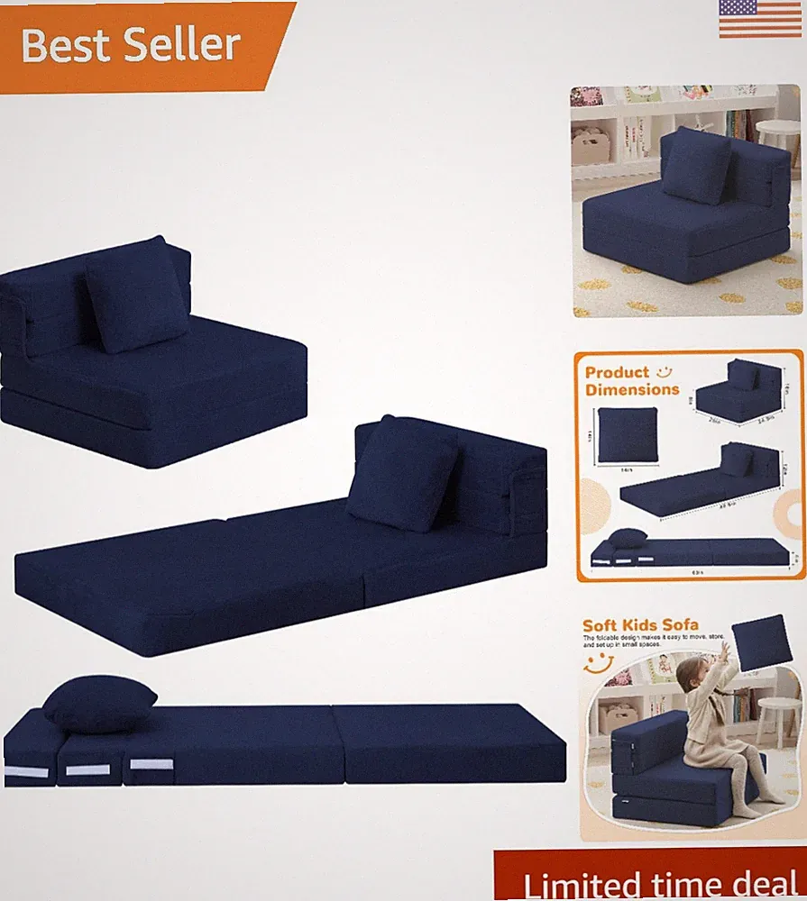 Luxurious Foldable Futon Chair Bed for Kids - Tri-fold Navy Sofa Mattress