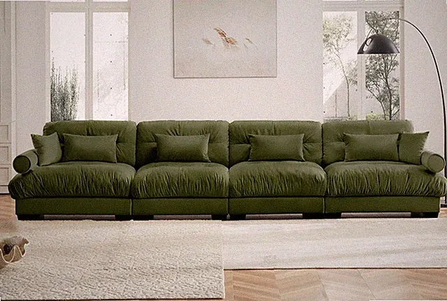 Luxurious Green Oversized Velvet Sectional Sofa with Movable Ottoman & Pillows