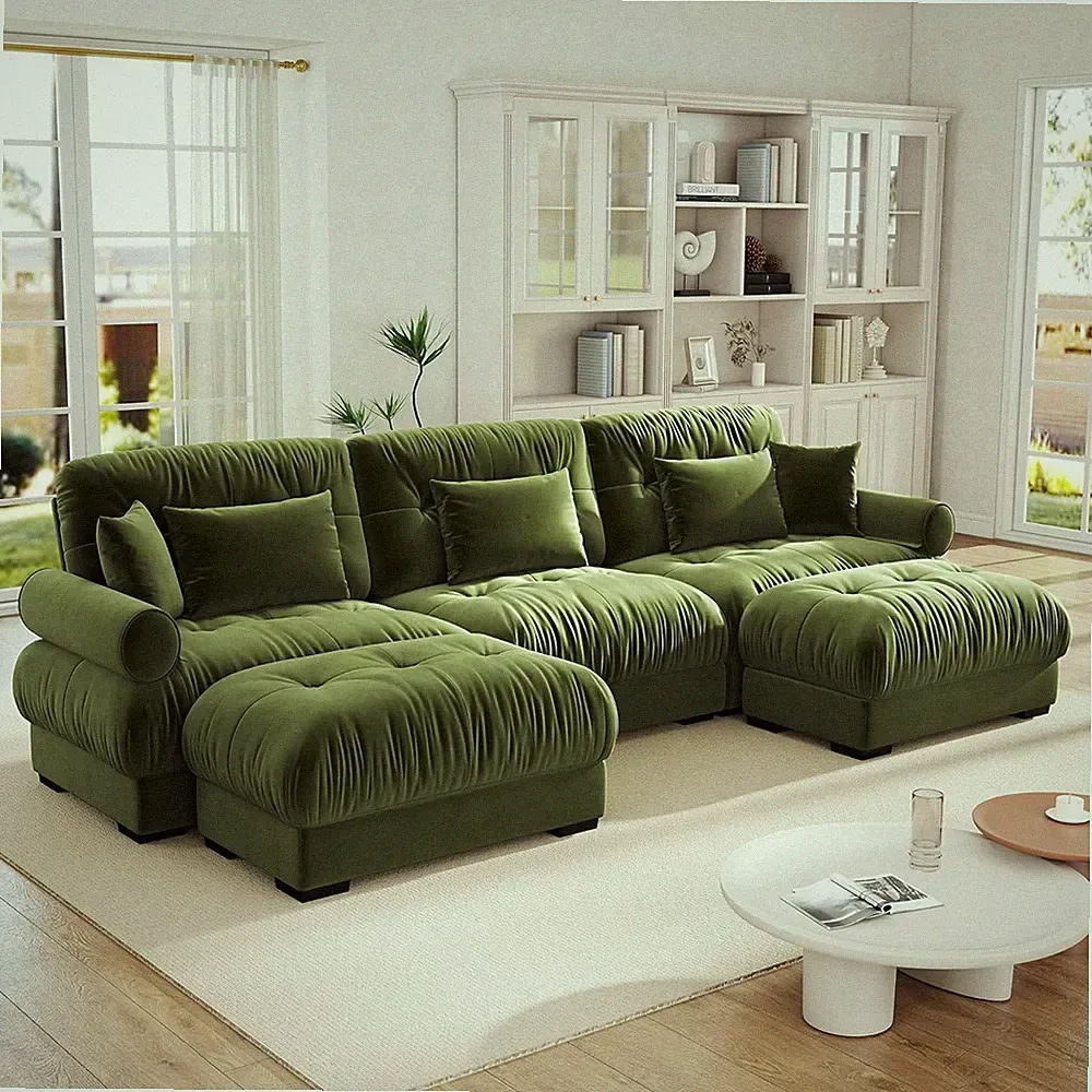 Luxurious Green Velvet U-Shaped Sectional Sofa with Ottomans for Living Room