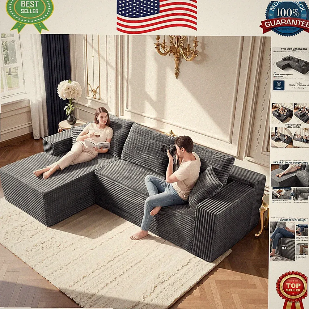 Luxurious Grey Modular Sectional Couch with 108" L-Shaped Chaise for Comfort