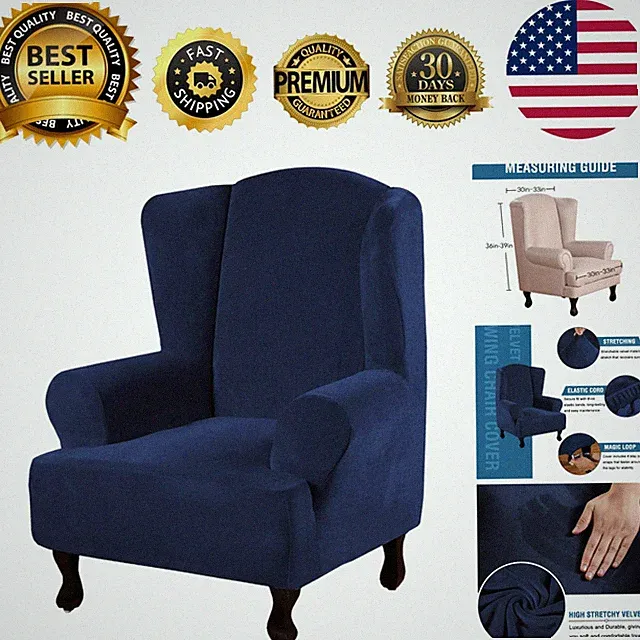 Luxurious Navy Velvet Wingback Chair Cover - High Stretch, 1 Piece Slipcover
