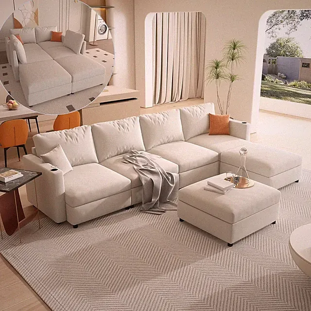Luxurious Oversized Chenille Modular Sectional Sofa with Ottomans & Cupholders