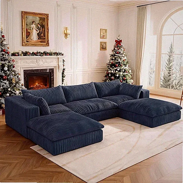 Luxurious Oversized Cloud Couch with Ottoman - Comfy Deep Seat in Blue
