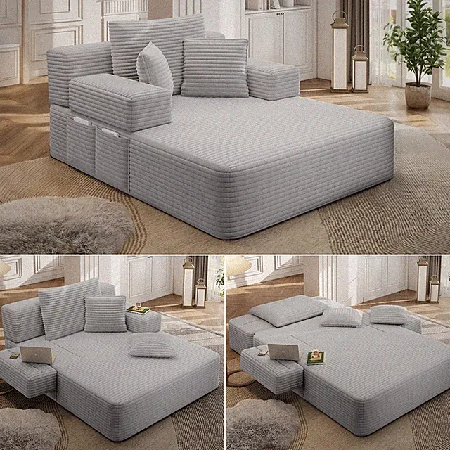 Luxurious Plush Corduroy Chaise Lounge with 3 Pillows, Convertible Sofa Bed with