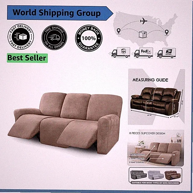 Luxurious Velvet 8-Piece Recliner Sofa Cover Set - Sand - Machine Washable