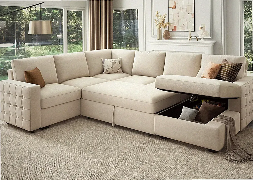Luxurious Velvet Beige U-Shaped Sectional Sofa with Bed & Hidden Storage