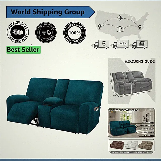 Luxurious Velvet Loveseat Cover - 8-Piece Non-Slip Recliner Protector, Deep Teal