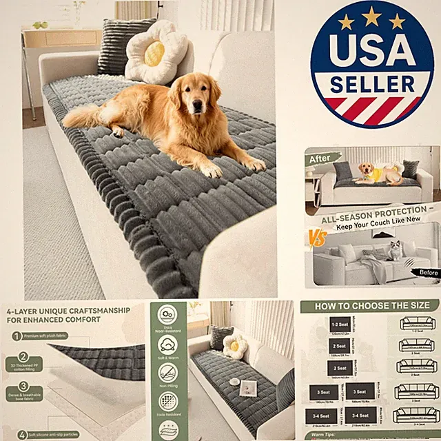 Luxurious Washable Dog Couch Cover - Non-Slip Plush Protector for 3 Cushions