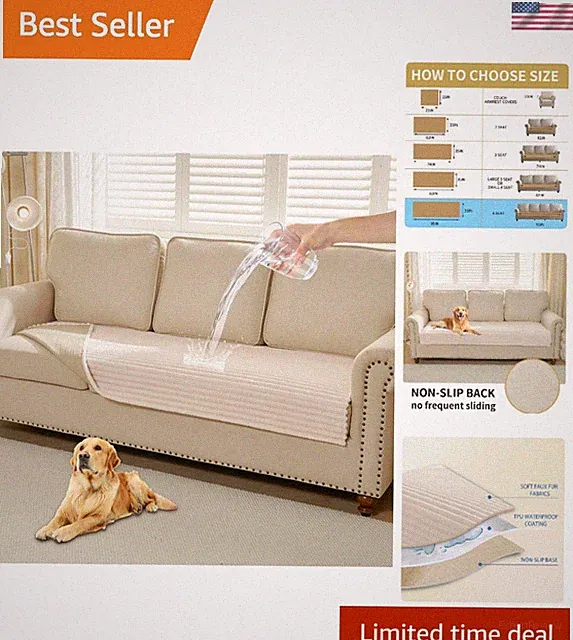 Luxurious Waterproof Dog Couch Cover, Washable & Non-Slip, Off White, 35" x 95"