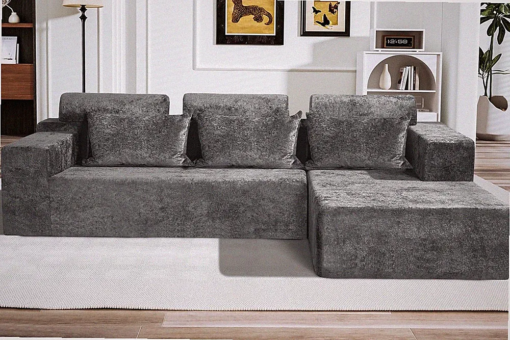 Luxury 105" L-Shape Modular Velvet Sofa Couch for Living Room - Grey