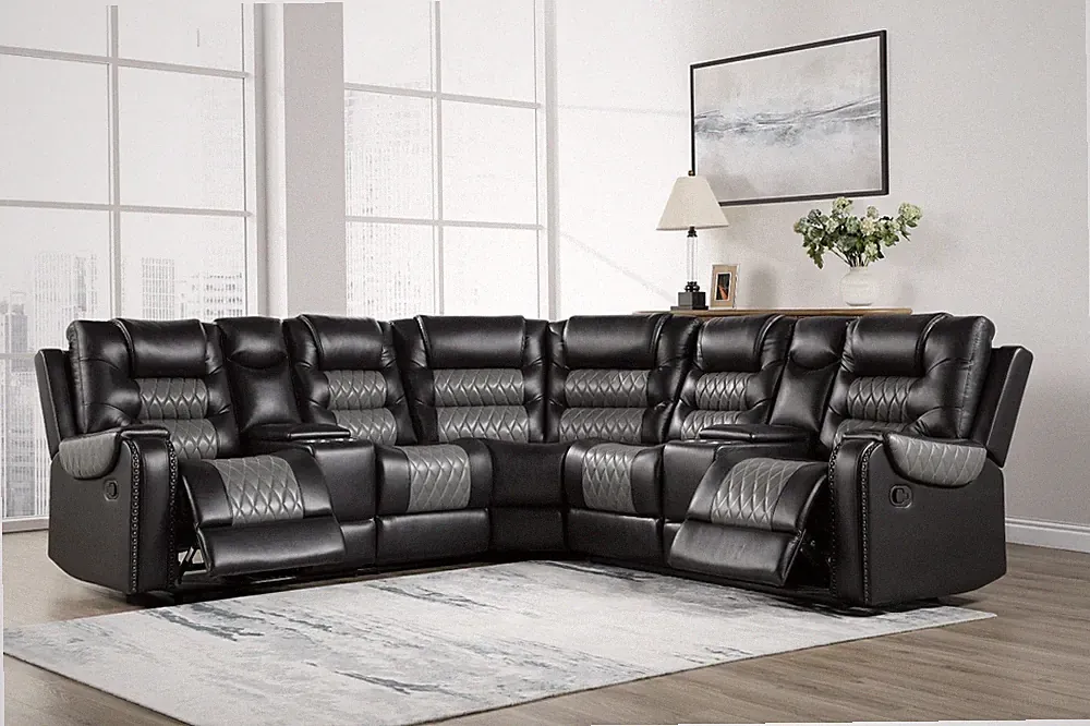 LUXURY 115" Two-Tone Black Gray Leather 2-Recliner Sectional Modern Living Set