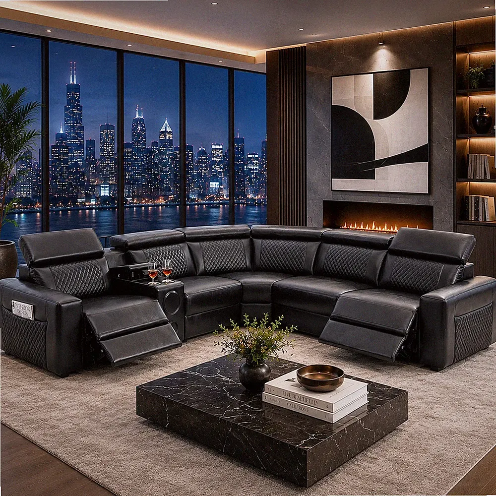 LUXURY 123" Power Recliner Sectional Black Contemporary Living Room & BT Speaker