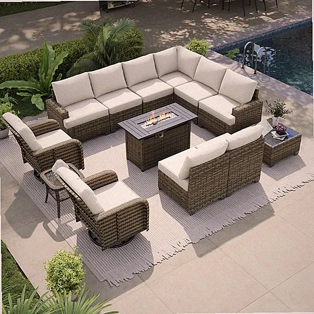 Luxury 13 Piece Patio Furniture Set with Fire Pit Table, Beige | Outdoor Furnitu
