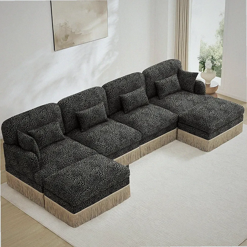 Luxury 131.5" U-Shaped Sofas with Tassel,Modular Sectional Vintage Leopard Print
