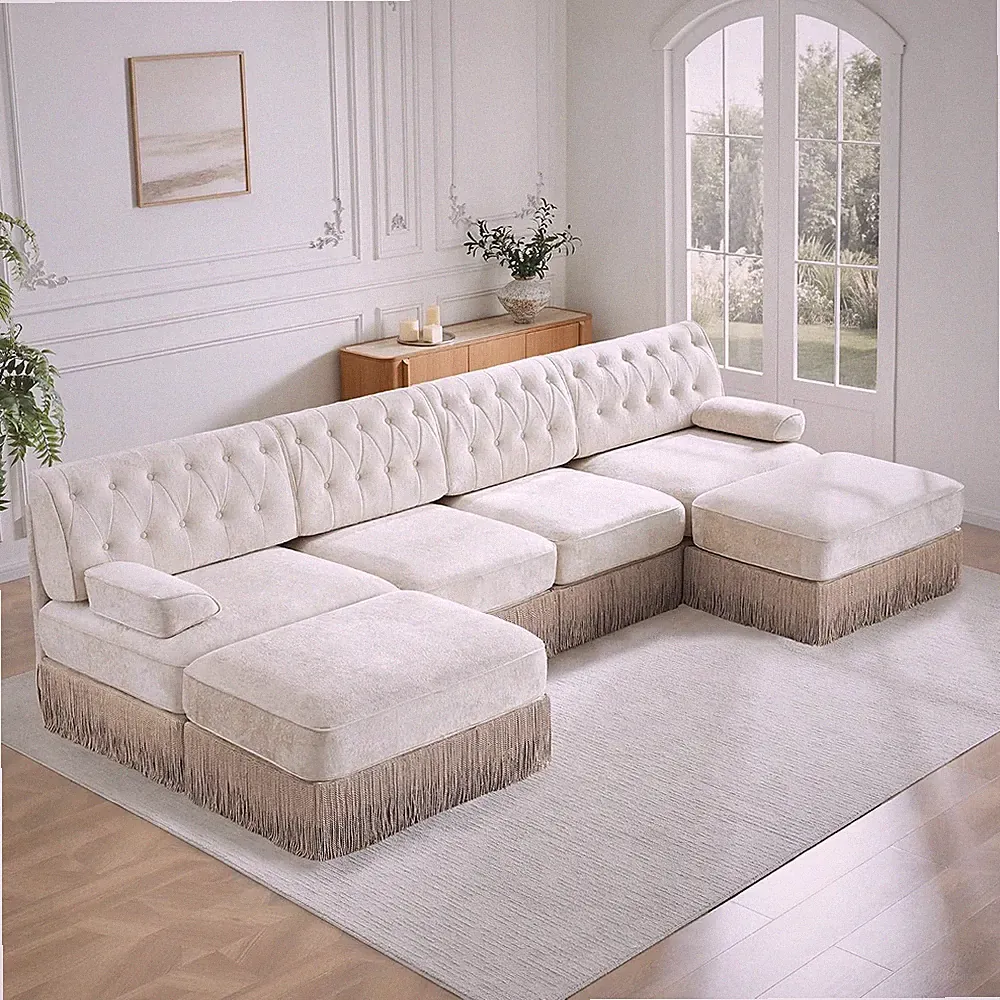 Luxury 135.6" U-Shaped Sofas with Tassel,Modular Sectional Velvet Beige 4 Seater