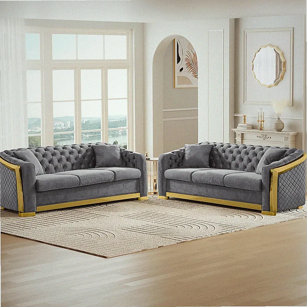 Luxury 2-Piece Chesterfield Velvet Sofa Set with Gold Accents, Grey