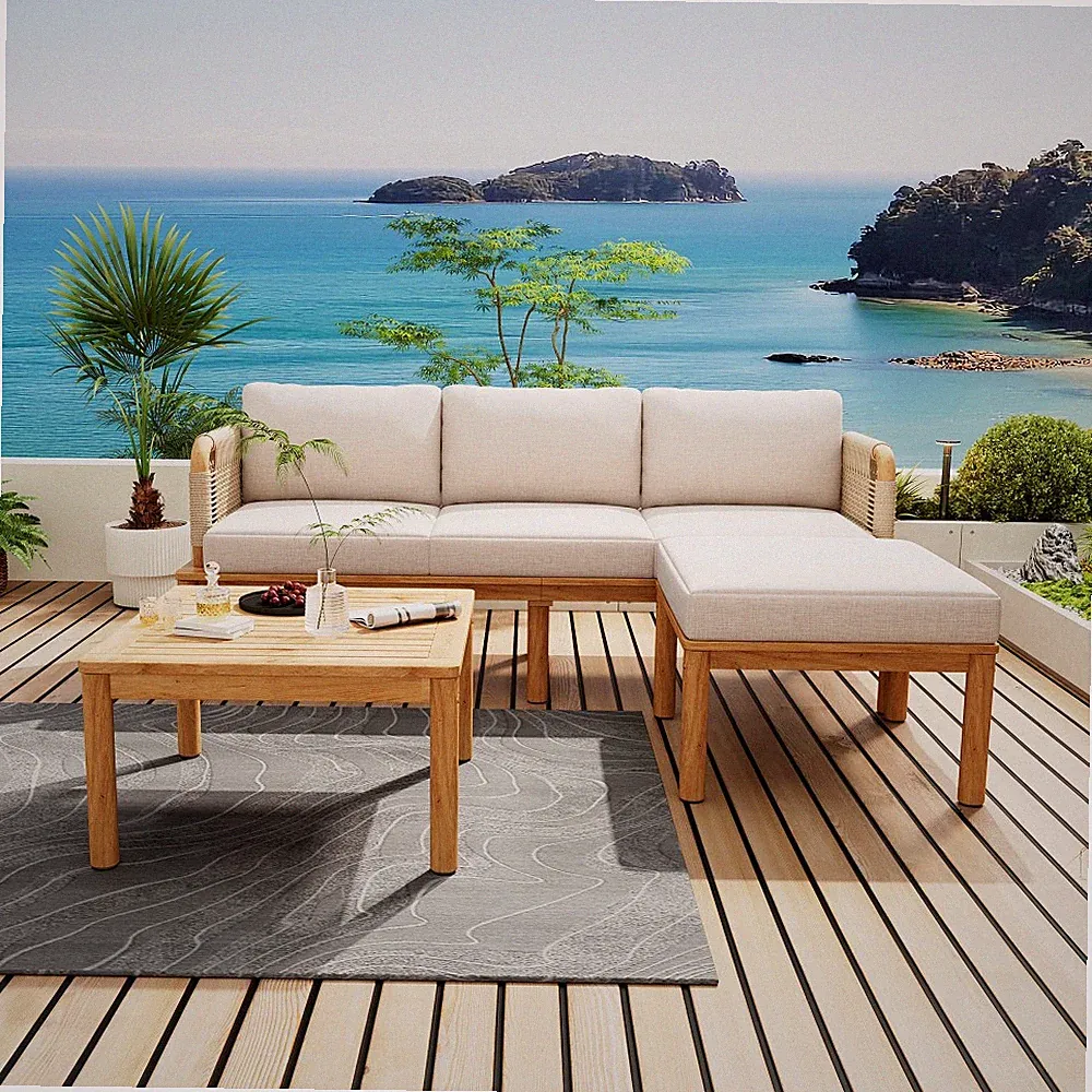 Luxury 3-Pc Acacia Wood and Rope Sectional Sofa Set for Patio & Garden