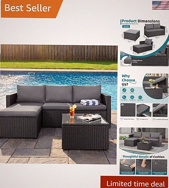 Luxury 3-Piece Rattan Patio Furniture Set with Soft Cushions & Glass Table