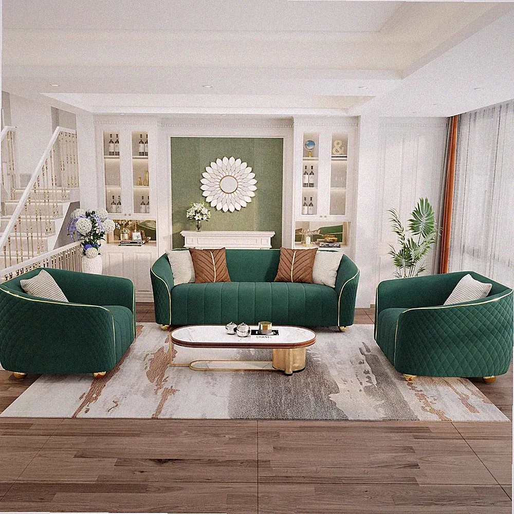 Luxury 3 Seater Retro Velvet Sofa Couch Set of 3, 86" Comfy Upholstered Curved S