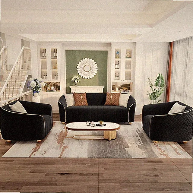 Luxury 3 Seater Retro Velvet Sofa Couch Set of 3, 86" Comfy Upholstered Curved S