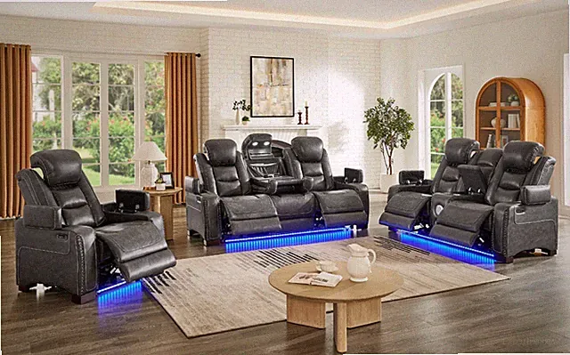 LUXURY 3PC LED Power Recliner & Adj Headrest Sofa Set Gray w/ Bluetooth Speaker