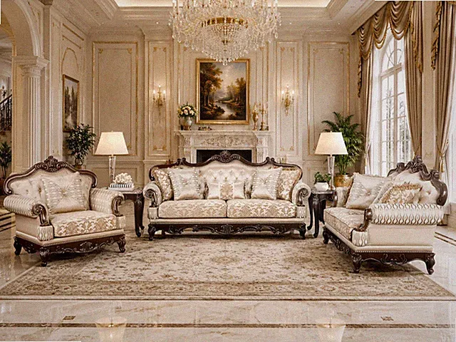 LUXURY 3PC Sofa Loveseat Chair Cherry Wood Cream Fabric European Living Room Set