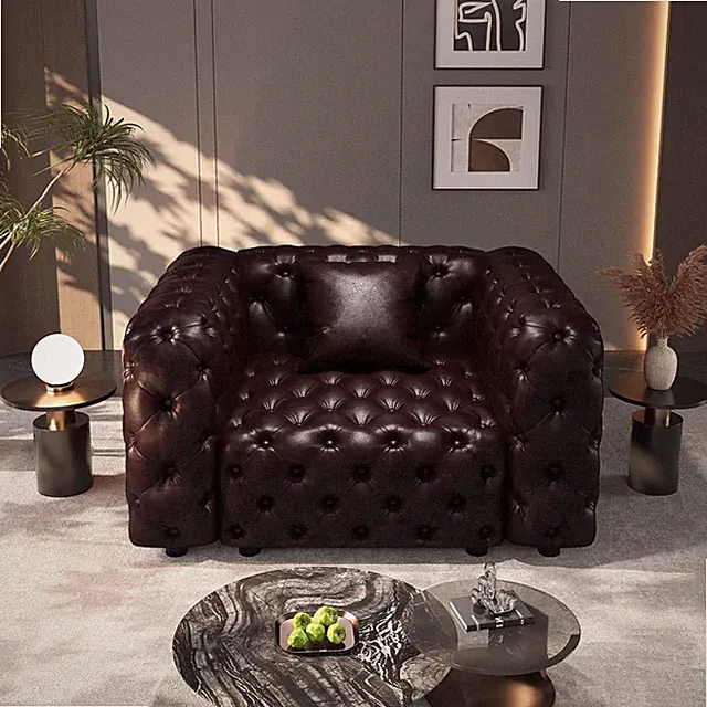 Luxury 48" Faux Leather Chesterfield Sofa with Tufted Design, Brown