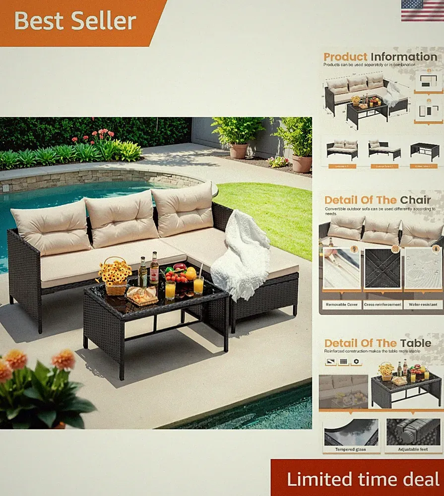 Luxury All-Weather 3-Piece Outdoor Sectional Sofa with Cushion & Glass Table