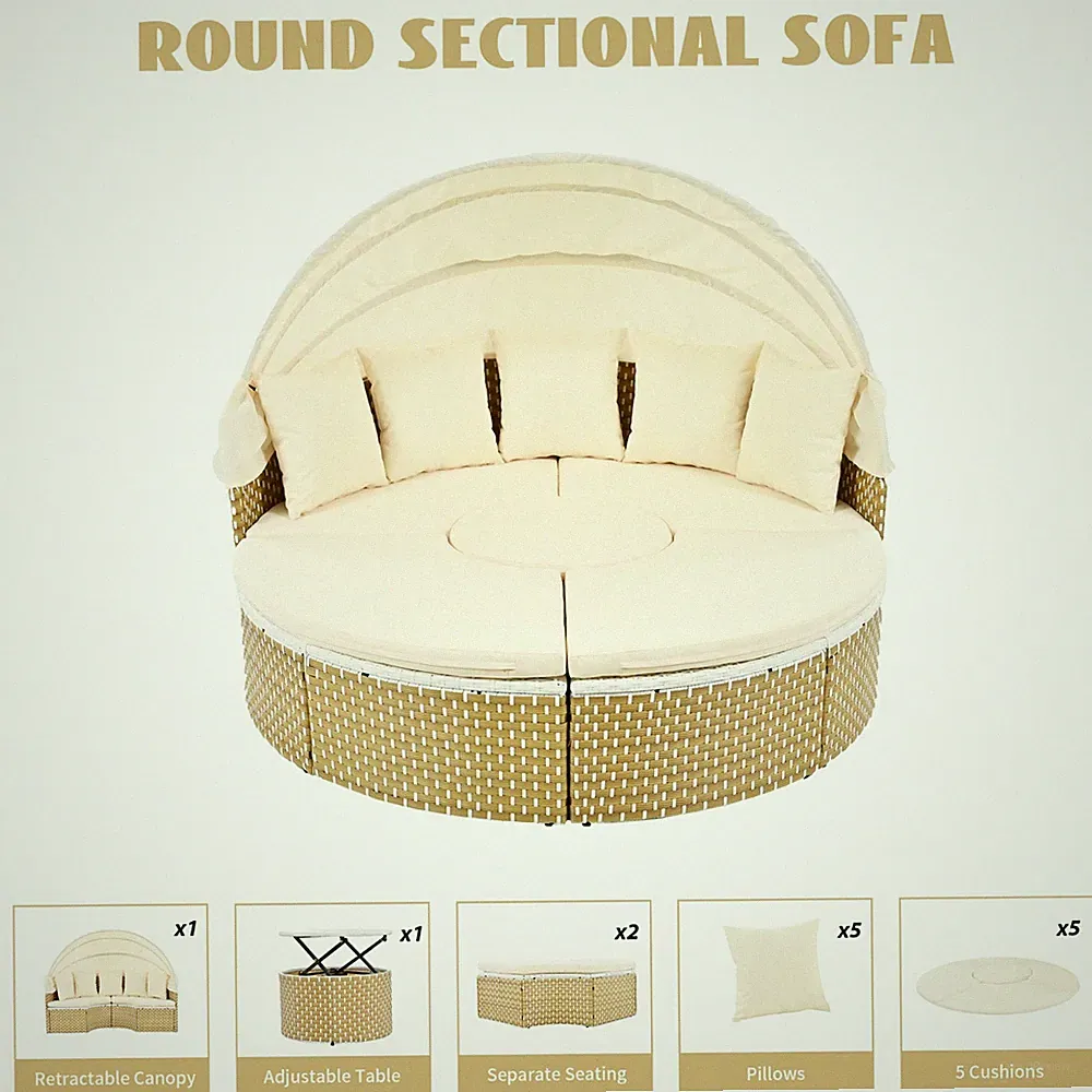 Luxury Beige Outdoor Sofa Set with Cushions & Canopy | Sectional Sofa Set
