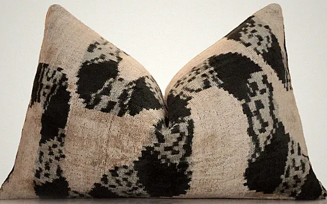 Luxury Black and Natural Silk Velvet Ikat Lumbar Pillow 16x24 Inch with Down