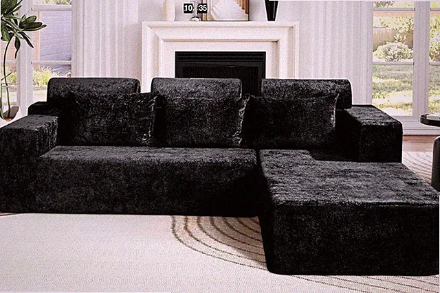Luxury Black Modular Sectional Couch with L-Shape Chaise - No Assembly Needed